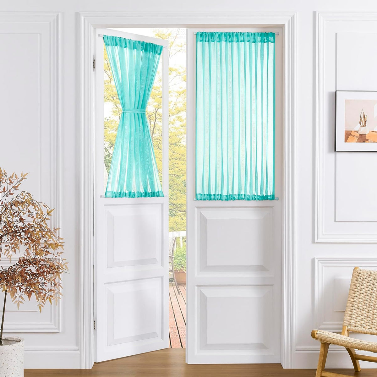 Tollpiz Sheer Door Curtains Closet Linen Textured Curtain Sheers Doorway Light Filtering Voile French Door Rod Pocket Curtains Patio Door, 54 x 63 inches Long, Aqua Blue, Set of 1 Panel