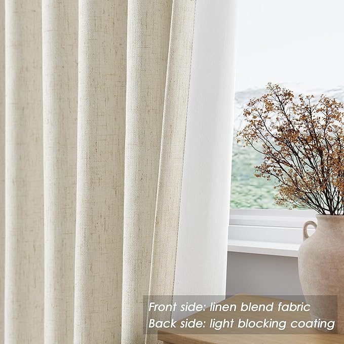 Nanspring Full Black Out Warm Beige Window Curtains 108 Inches Long Loop Pocket Rod Pocket Flax Linen Sound Proof Full Blackout 2 Panels Set for Nursery Modern Farmhouse Curtains Drapes 52x108