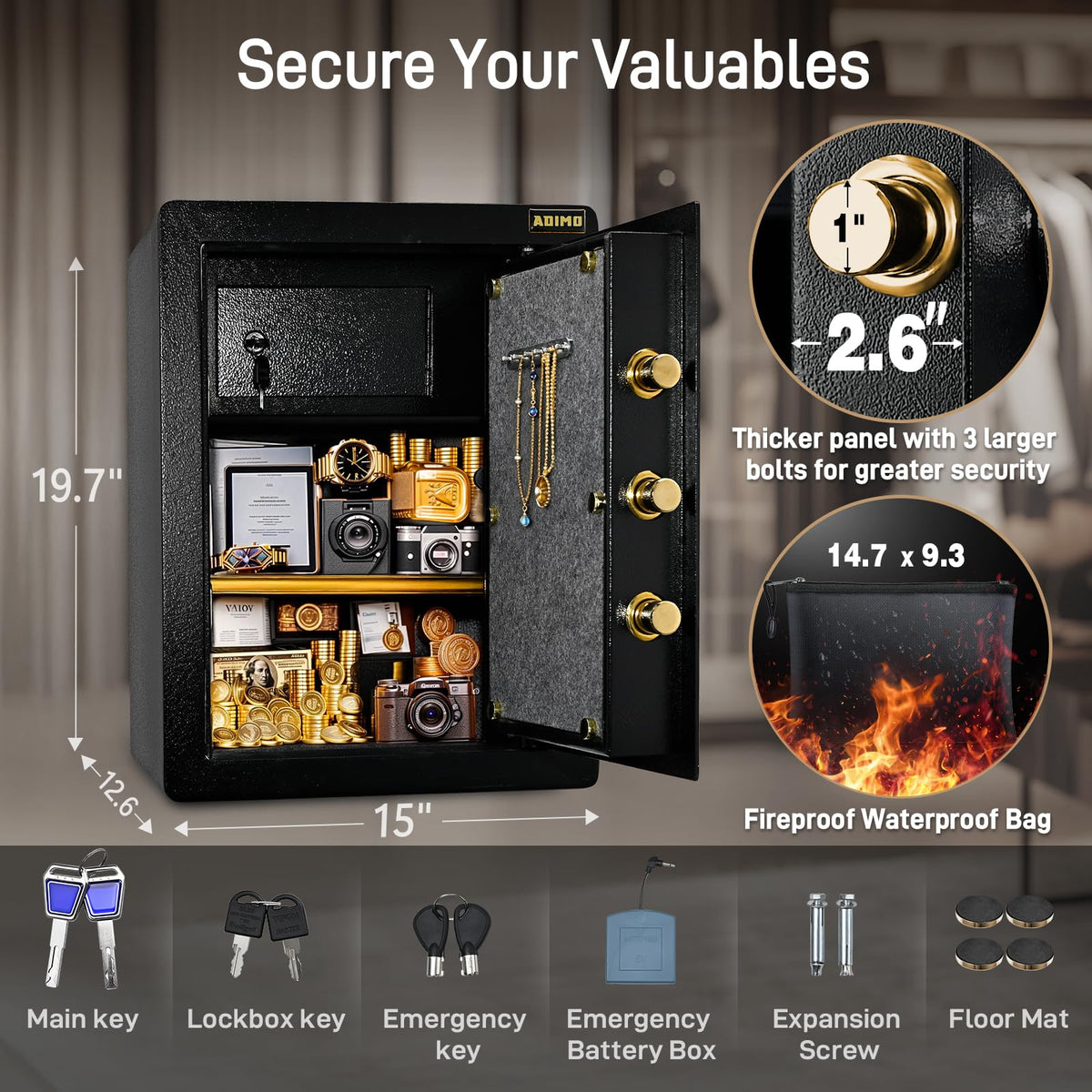 ADIMO Safe, 2.1 Cuft Heavy Duty Steel Home Safe Box with Digital Keypad&Key Lock, Built-In Lockable Cabinet, Hidden Money Box Storage for Document Jewelry w/Fireproof Waterproof Bag Home Office