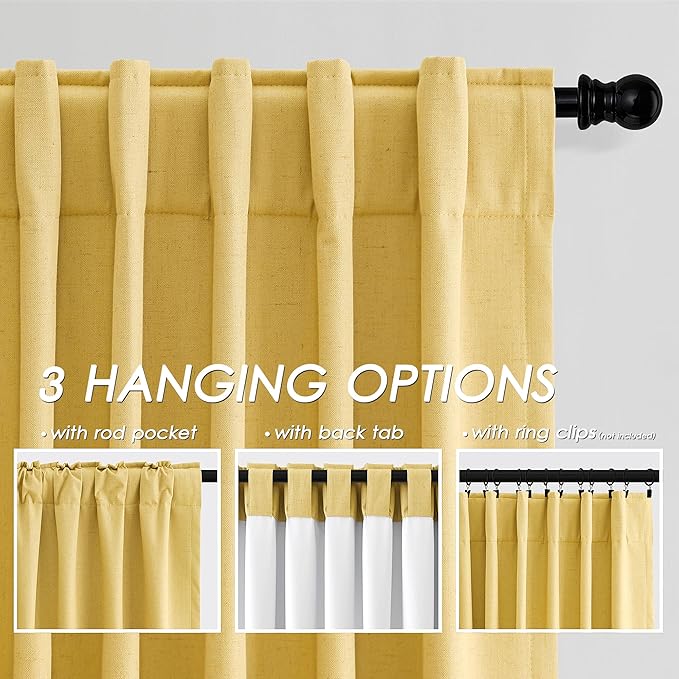 Gold Yellow Linen Curtains 120 Inches Long Back Tab Rod Pocket Thermal Insulated Noise Reducing Extra Long 10 FT Room Darkening 2 Panels Set for Living Room Elegant Modern Curtains Drapes 52x120