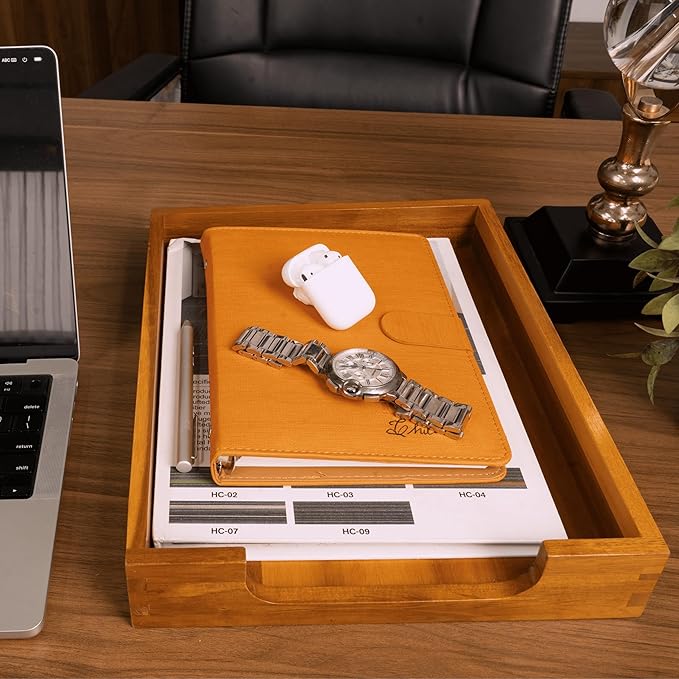 KOLWOVEN Wood Letter Tray -Load Documents Tray for Office Desktop Organizer - Desk Magazine, File, Folder, Paper Holder - Paper Document File Tray Front Drak Brown