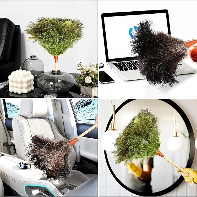 Natural Good Ostrich Feather Duster with Bamboo Handle, Electrostatic Dust Remove for Ceiling，Fans，Bookshelves, Sofa, Windows, Fit for Home, Office and Cars Duster Green