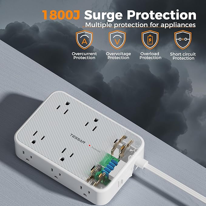 Surge Protector Power Strip, TESSAN 5FT Flat Extension Cord with Multiple Outlets, 12 Outlet Extender with 4 USB (2 USB-C), Flat Plug Power Strip, 1800J Surge Protection, Office, Dorm Essentials