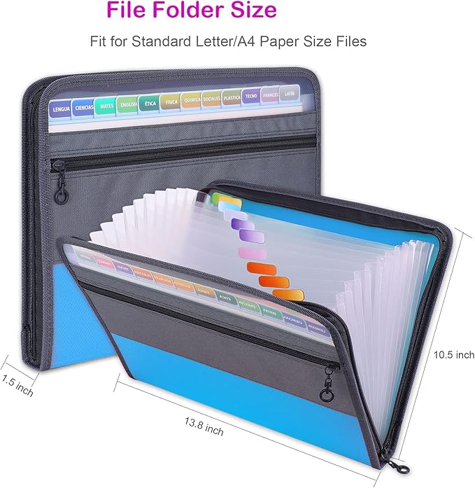 MEGREZ Expanding File Folder with 13 Pockets, A4 Paper File Folder with Zipper Color Labels, Waterproof Accordion File Folder Organizer for Home Office, Blue