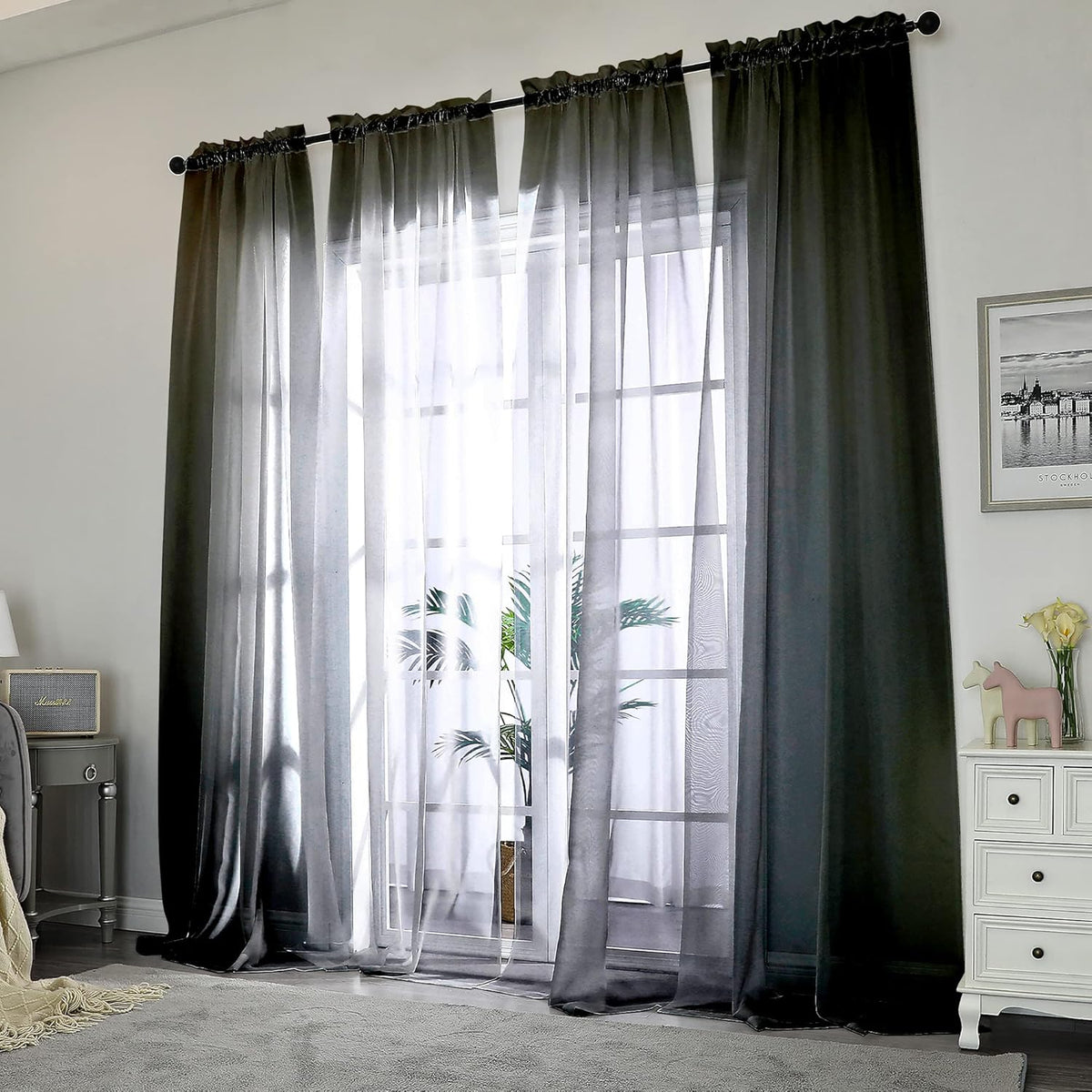Chyhomenyc 2 Panels Extra Long Sheer Window Curtains 120 Inches Length, Elegant Window Voile Panels/Drapes/Scarf/Treatment/Backdrop for Living Room Wedding Party Home Decor (42W x 120L inches, Black)