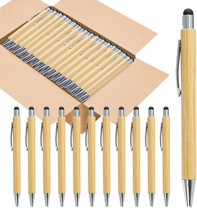 Bamboo Pens Bulk with Touch Stylus Tip Wooden Bamboo Pens Engraving Wooden Ballpoint Pen Customizable Gift Pen Bulk 50pcs