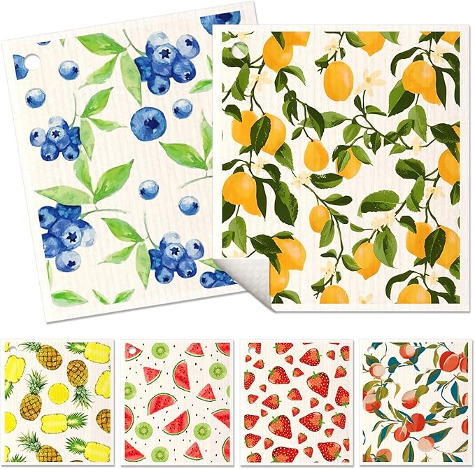 6 Pack Swedish Dishcloths for Kitchen - Reusable Dish Cloths for Washing Dishes Absorbent Cute Funny Kitchen Towels Cleaning Sponge, Lemon Fruit