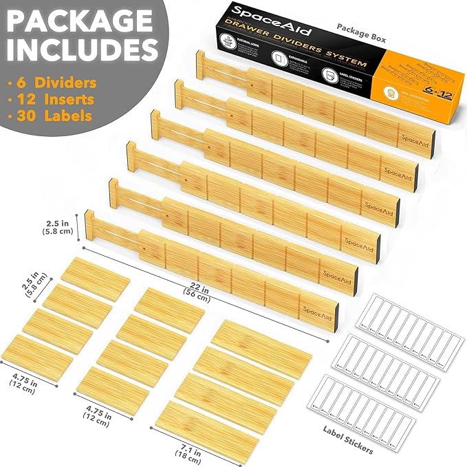SpaceAid Bamboo Drawer Dividers with Inserts and Labels, Kitchen Adjustable Drawer Organizers, Expandable Organization for Home, Office, Dressers and Bathroom, 6 Dividers with 12 Inserts (17-22 in)