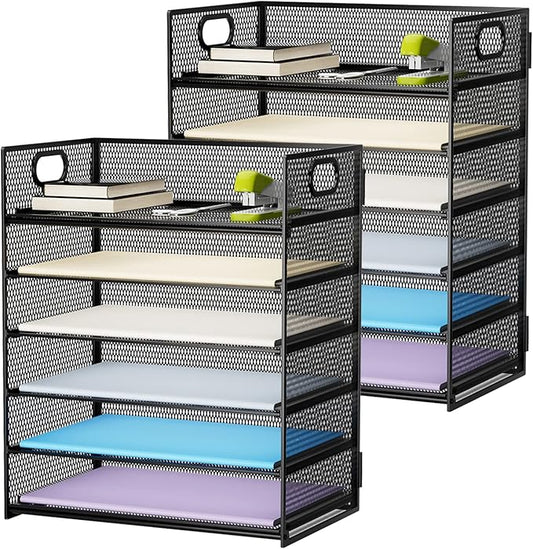 Marbrasse 2 Pack Desk Organizer with Handle, 6 Tier Paper Letter Tray, Mesh Desk File Organizer for Office, School and Home