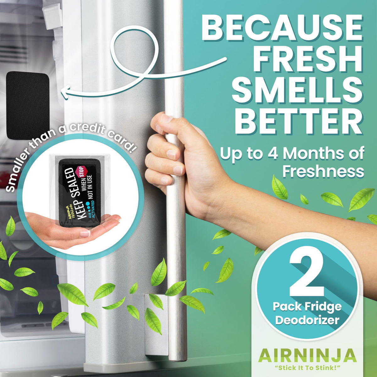 AIRNINJA Fridge Deodorizer - Natural Refrigerator Deodorizer Odor Eliminator - Beats Baking Soda and Bamboo Charcoal Air Purifying Bags - Activated Carbon Odor Absorber for Fridge & Freezer (2 pk)