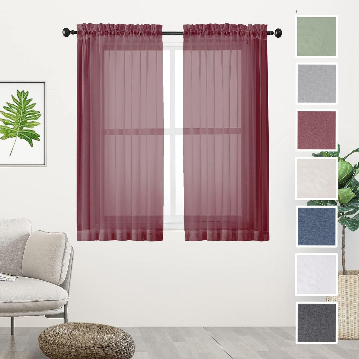 Chyhomenyc Short Sheer Curtains 45 Inches Length 2 Pieces, Light Filtering Soft Voile Curtains Drapes for Half Window/Bedroom/Bathroom/Living Room, Burgundy