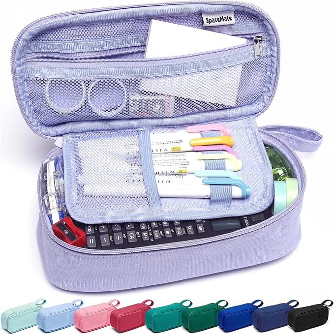 Pencil Case Pouch Box Bag School Supplies Girls Boys Kids, Cute Preppy Stuff Large Big Capacity Aesthetic Pen Organizer, Back to College Stationary, Purple, Heavy Duty Canvas, 1800ml