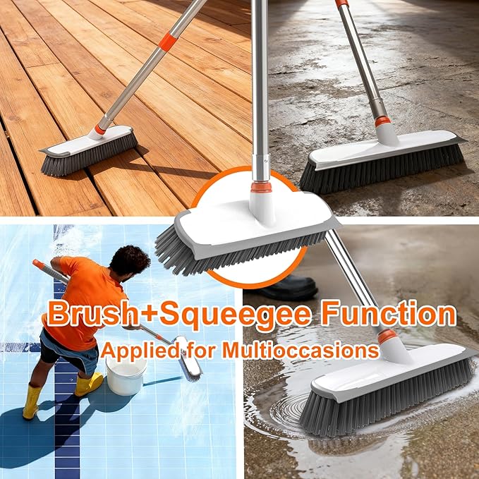 Floor Scrub Brush with Long Handle, Stiff Bristles Deck Brush, BITOPE Multi-Purpose Heavy Duty Hardwood Floor Scrubber, Cleaning Concrete Balcony Patio Garage Outdoor/Indoor