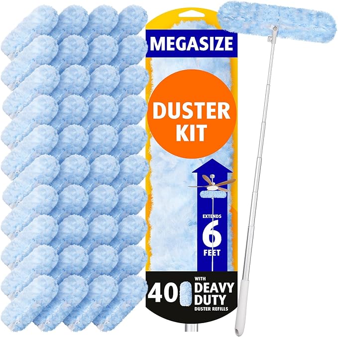 6ft Extendable Duster Handle with 40 Pcs, Compatible with Swiffer Duster, Disposable Microfiber Dusting Pads for Home Cleaning, Ceiling, Fan, Window, Hard-to-Reach Areas