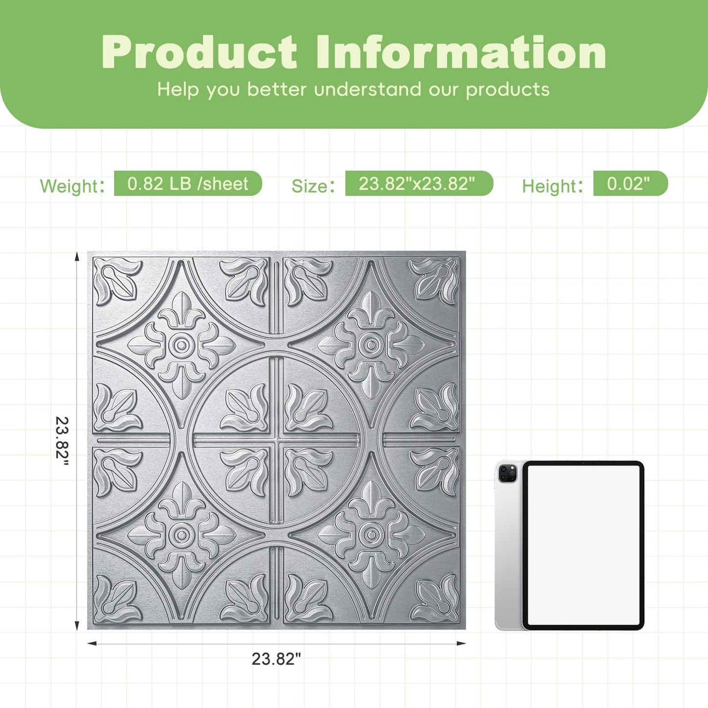 Art3d Drop Ceiling Tiles 2x2, Glue-up Ceiling Panel, Fancy Classic Style, Argent Silver