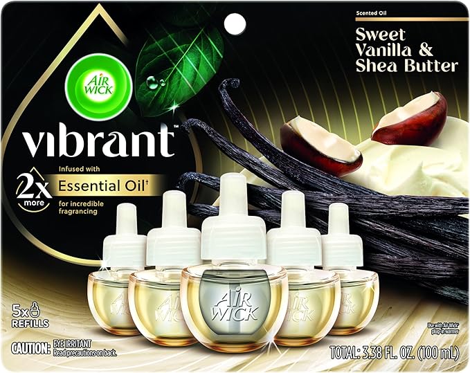 Air Wick Plug In Scented Oil Refills, Sweet Vanilla + Shea Butter, Air Fresheners for Home Long Lasting, Room Fresheners,Air Freshener Plug In, Vanilla Essential Oils, House Essentials, 5 ct