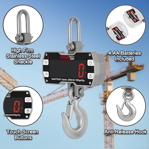 VisionTechShop Digital Crane Scale, VTS-ES4 2200lb/1000kg Heavy Duty Compact Hanging Industrial Scale with Remote Control, Large LED Display, Smart Accuracy for Farm, Factory, Construction