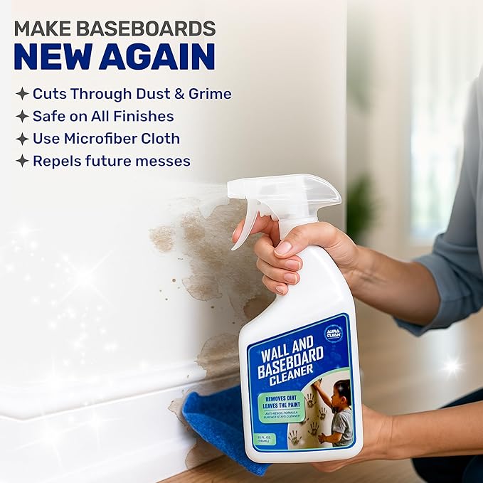 Wall & Baseboard Cleaner - Safe for Painted Walls & Trim | Eco-Friendly, No-Rinse, Kid & Pet-Safe | Anti-Resoil, Streak-Free Finish | Made in the USA | 32 oz Spray (1 Quart)