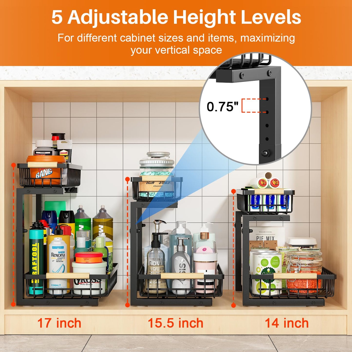 REALINN Under Sink Organizer, Height Adjustable 2 Tier Pull Out Cabinet Storage, L-Shaped Drawer Organizer for Kitchen Sink Organizer, Bathroom Organizers and Storage, Smooth Sliding Rails, Black