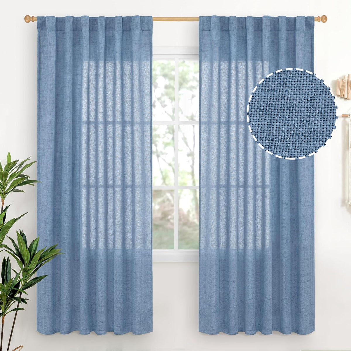 YoungsTex Denim Blue Linen Curtains 72 Inch Length for Living Room - Light Filtering Semi Sheer Drapes with Rod Pocket Back Tab Privacy Coastal for Bedroom, 2 Panels, 52 x 72 Inch