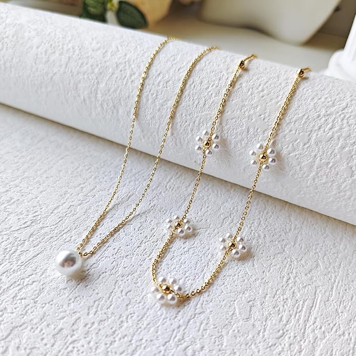 Zeffy Gold Pearl Necklace for Women, Dainty 14K Gold/Silve Plated Layered Pearl Choker Pearl Earrings Pearl Bracelets Wedding Trendy Gold Jewelry Set for Women Gifts