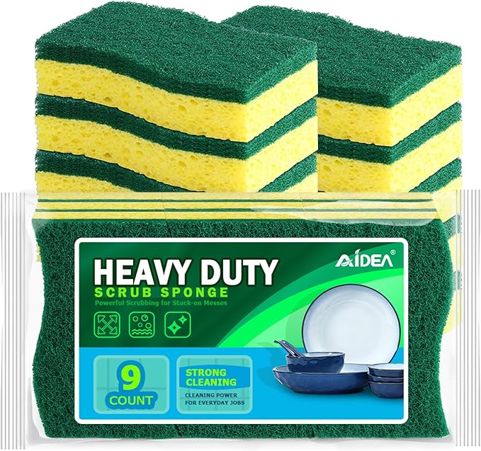 AIDEA Sponges Kitchen, 9Count, Dish Sponges, Heavy-Duty Sponge for Non-Coated Cookware, Scrubbing Power for Tough Messes, Cleaning Sponge for Kitchen, Bathroom, Household
