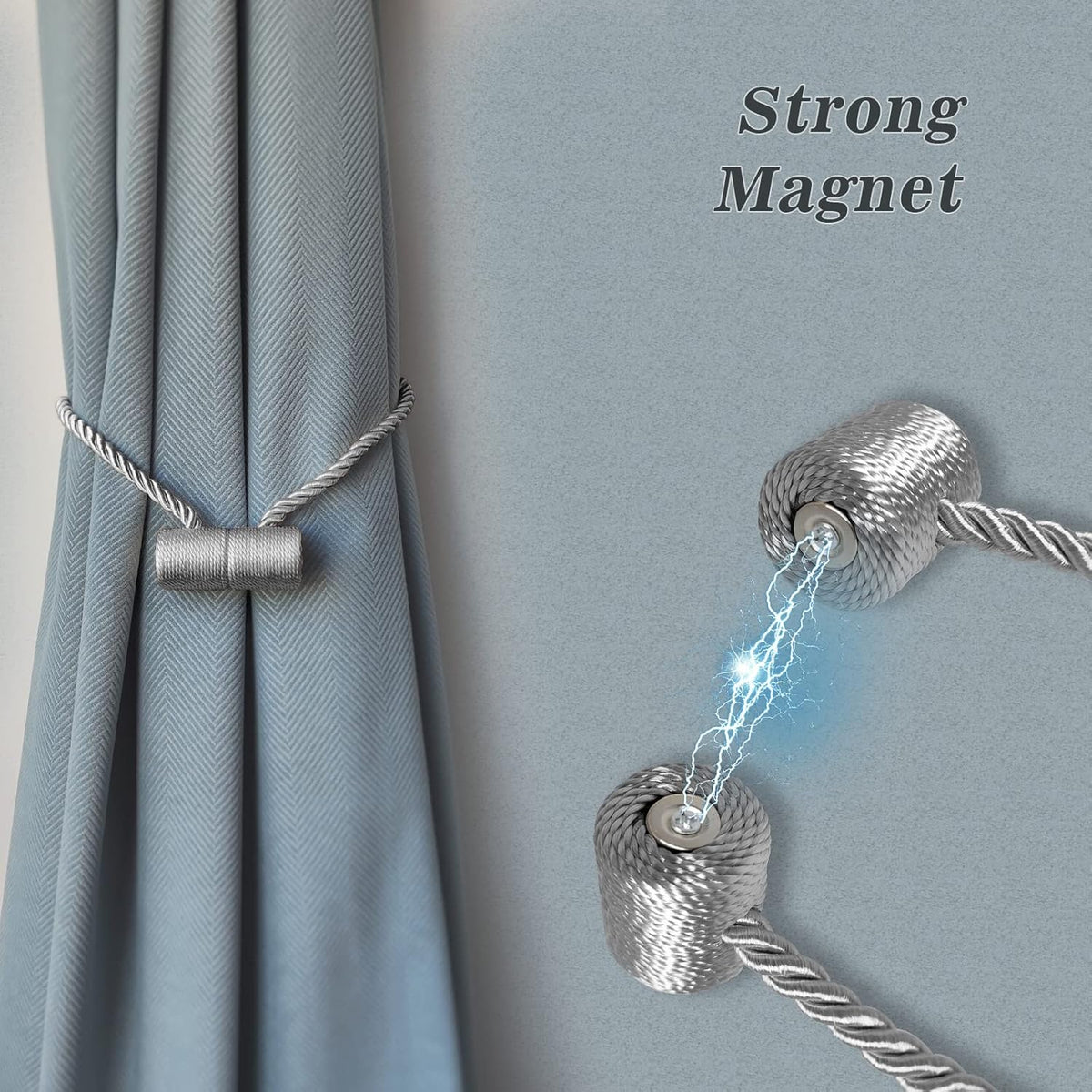 Hion Magnetic Curtain Tiebacks Grey 2pcs, Curtain Tiebacks Buckles Holdbacks Holders Hooks Clip for Home Bedroom Office Decorative Curtain