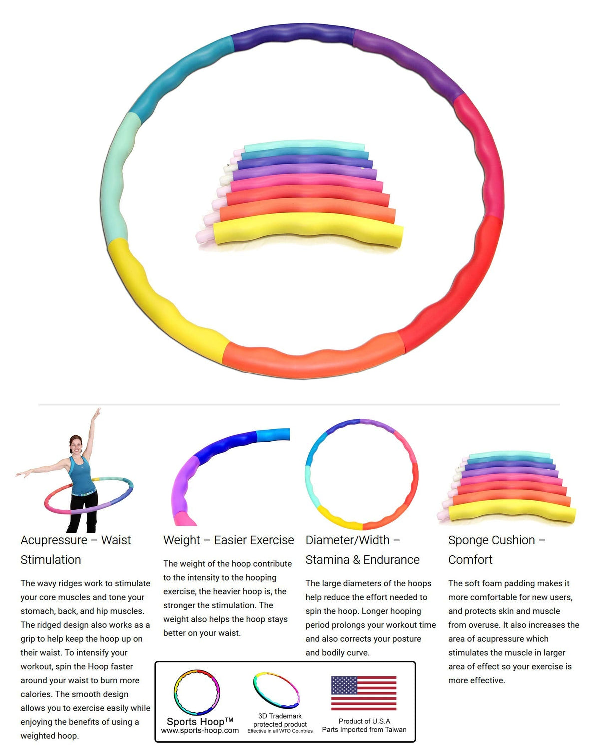 Weighted Hula Hoop, ACU Hoop 3L - 3.3 lb Large, Weight Loss Fitness Workout Sports Hoop with ridges. (Rainbow Colors)