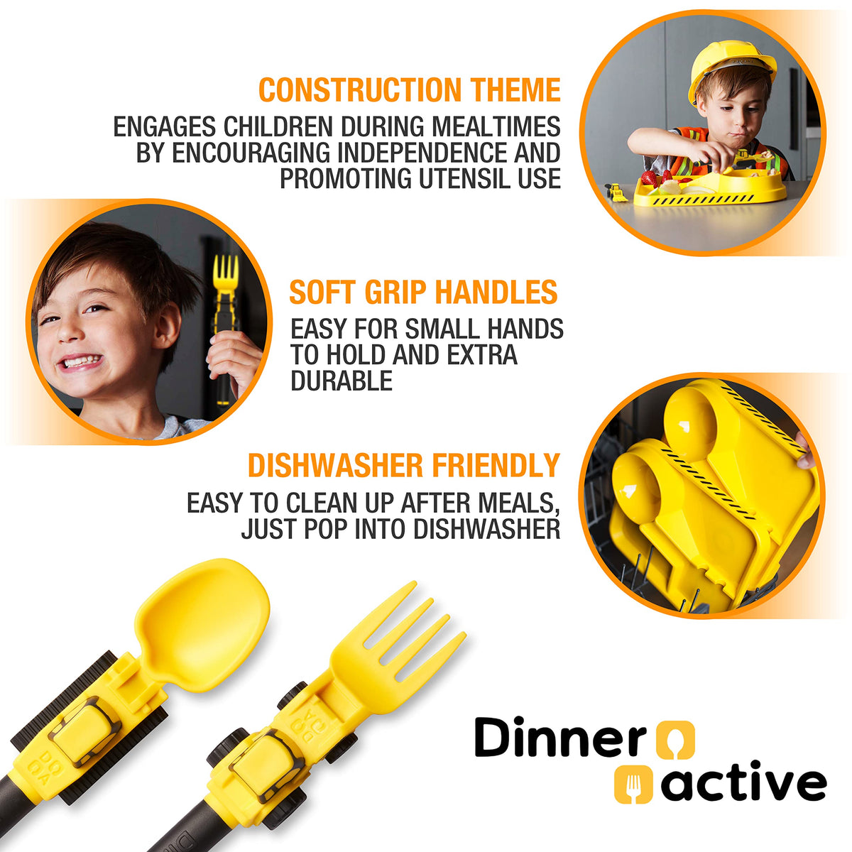 Dinneractive Utensil Set for Kids – Construction Themed Toddler Forks and Spoons, Toddler Utensils – 2-Piece Set – Yellow Construction Utensils For Toddlers - Loader & Tractor Toddler Spoons and Forks