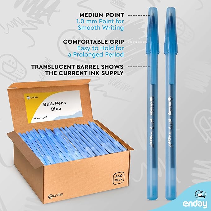 Enday Bulk Ballpoint Pens Blue (240 Pack) Ink pens bulk, Medium Point 1.0mm, office, Smooth Writing Blue ink for School, Home, and Office.