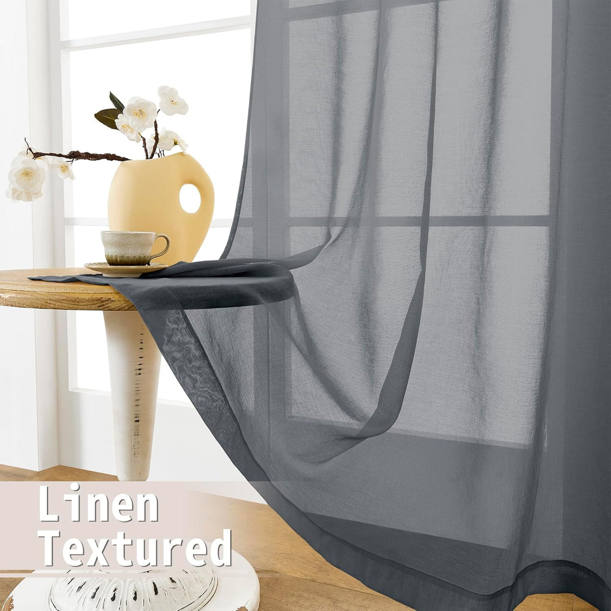 Tollpiz Short Sheer Door Curtains Closet Linen Textured Curtains Sheer Doorway Light Filtering Voile Patio Glass Door Rod Pocket Curtain French Door, 54 x 40 inches Long, Dark Grey, Set of 1 Panel
