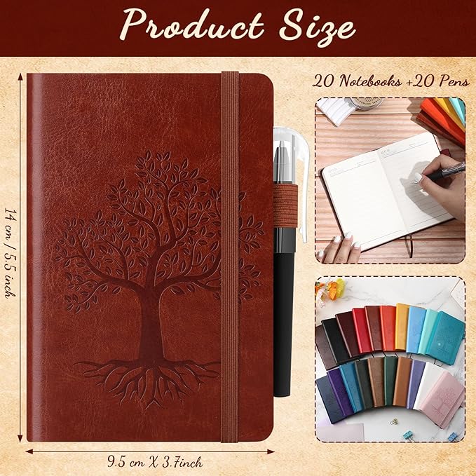 Estune Tree Small Notebooks Pen Leather Lined Pocket Subject Notebooks Hardcover Pocket Notepad Cute Ruled Leather Journals with Pen Holder for Men Women School Business, A6(Stylish Color,20 Set)