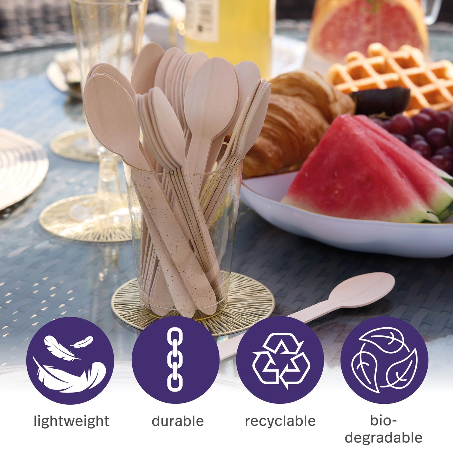 MATANA - 100% Natural Disposable Bamboo Wooden Spoons 6.3" Inch (200 Pack) - Compostable Cutlery, Biodegradable Utensils for Garden Parties & Summer Events