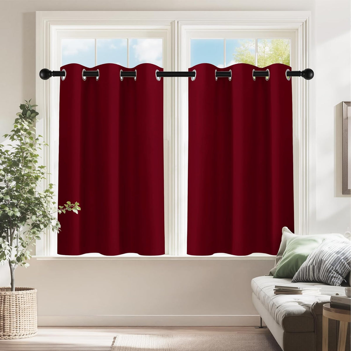 PONY DANCE Christmas Burgundy Red Blackout Curtains and Drapes, Thermal Insulated Solid Rod Pocket Blackout Draperies/Panels for Gift (2 Panels, W 42 x L 36 inches, Red)