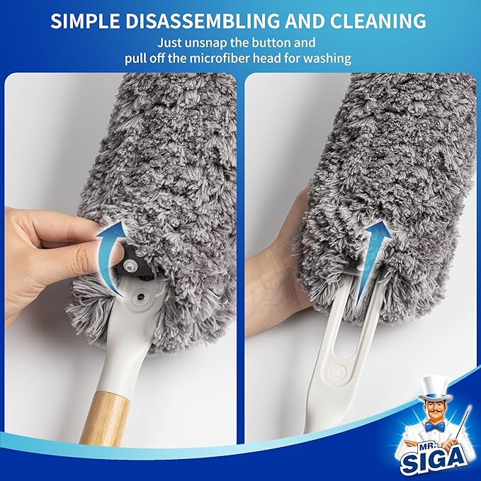 MR.SIGA Lint Free Microfiber Duster, Washable and Reusable Duster with Bamboo Handle and Replaceable Head, Duster for Household Cleaning