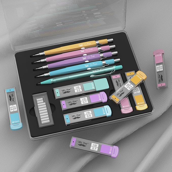 Mr. Pen- Pastel Mechanical Pencil Set with Lead and Eraser Refills, 5 Sizes, 0.3, 0.5, 0.7, 0.9, 2mm, Mechanical Pencils for Drawing and Sketching, Cute Pencils, Mechanical Pencil