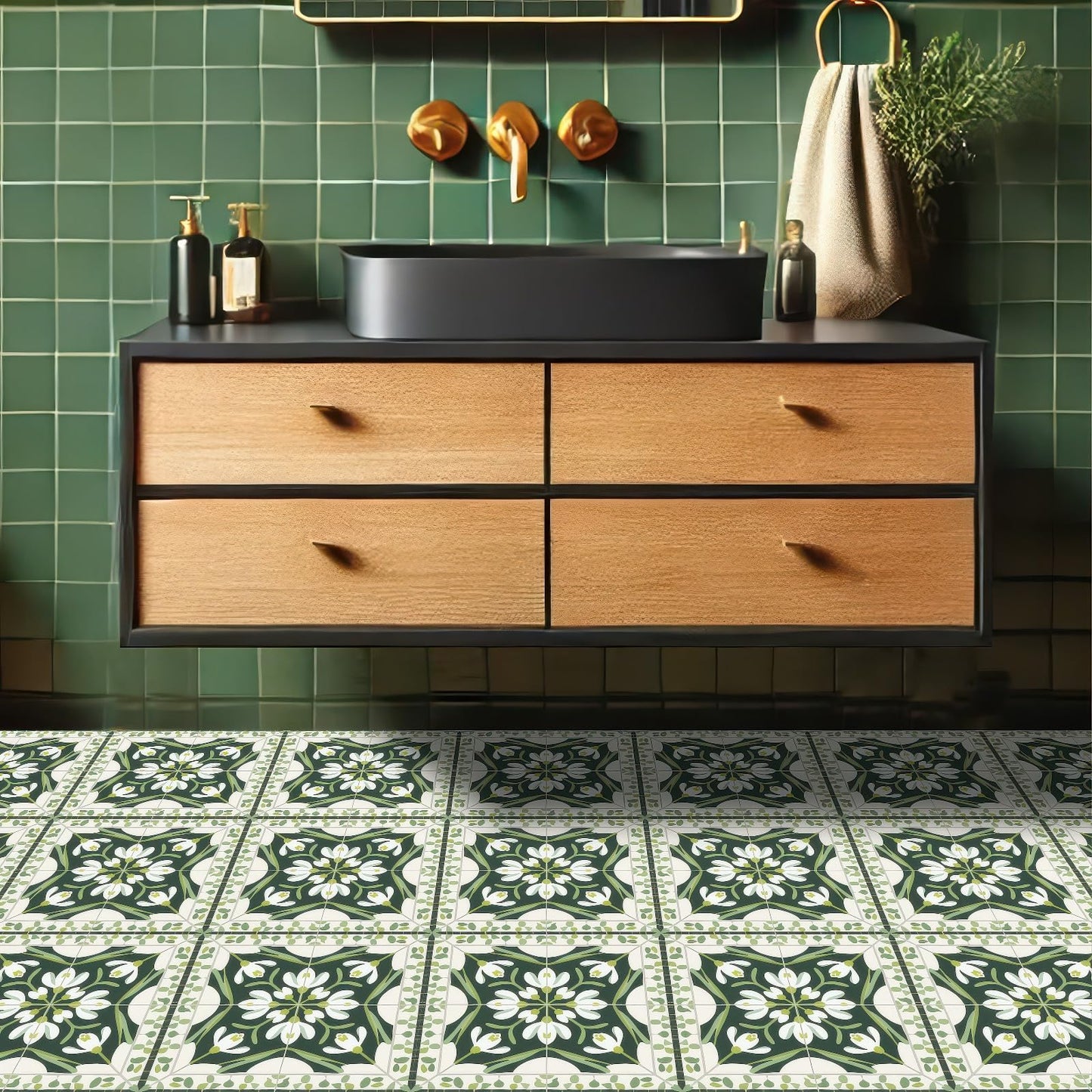 HOMETITUTE 10PCS 12x12 Inch Green Snowdrop Botanical Pattern Floor Tiles Peel and Stick Removable Self Adhesive DIY Vinyl Flooring Stickers for Kitchen Bathroom Living Room Entryway Home Decor