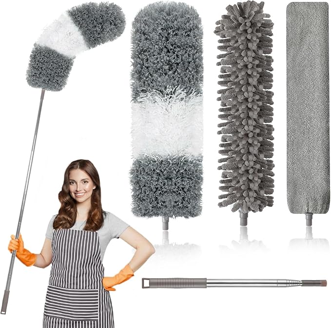 Microfiber Duster, 4PCS with Extension Pole(Stainless Steel) 30 to 100 Inches, Reusable Bendable Dusters, Washable Lightweight Dusters for Cleaning Ceiling Fan, High Ceiling, Blinds, Furniture, Cars