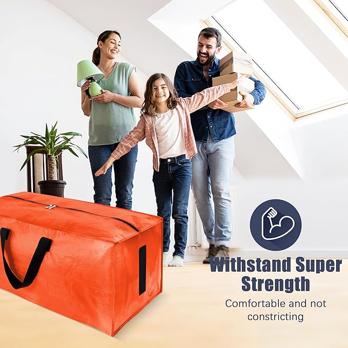 8 Pack Large Strong Moving Bags with Zippers & Carrying Handles - Water-Resistant - Heavy Duty Storage Tote for Space Saving, Fold Flat, Alternative to Moving Box (Orange)