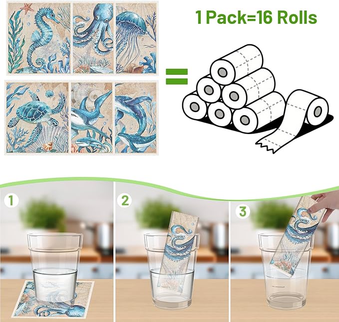 Swedish Dishcloths for Kitchen, Reusable Absorbent Fast Drying Sea Animals Theme Swedish Dish Cloths Gift Set, Washable Cellulose Sponge Cloths Dish Towel for Washing Dishes