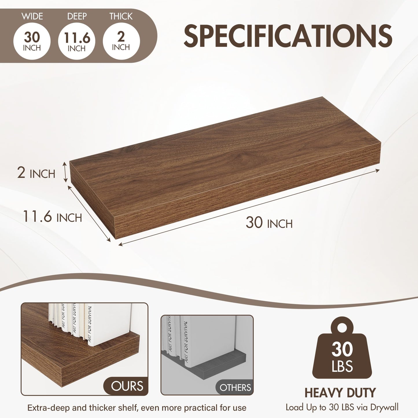 Acovy 30 Inch Floating Shelves, 12" Deep Floating Shelf Wall Mounted, 30" Wall Shelves, Rustic Deep Bookshelf, Extra Deeper & Thicker Display Shelves for Bedroom, Living Room, Walnut, Set of 2