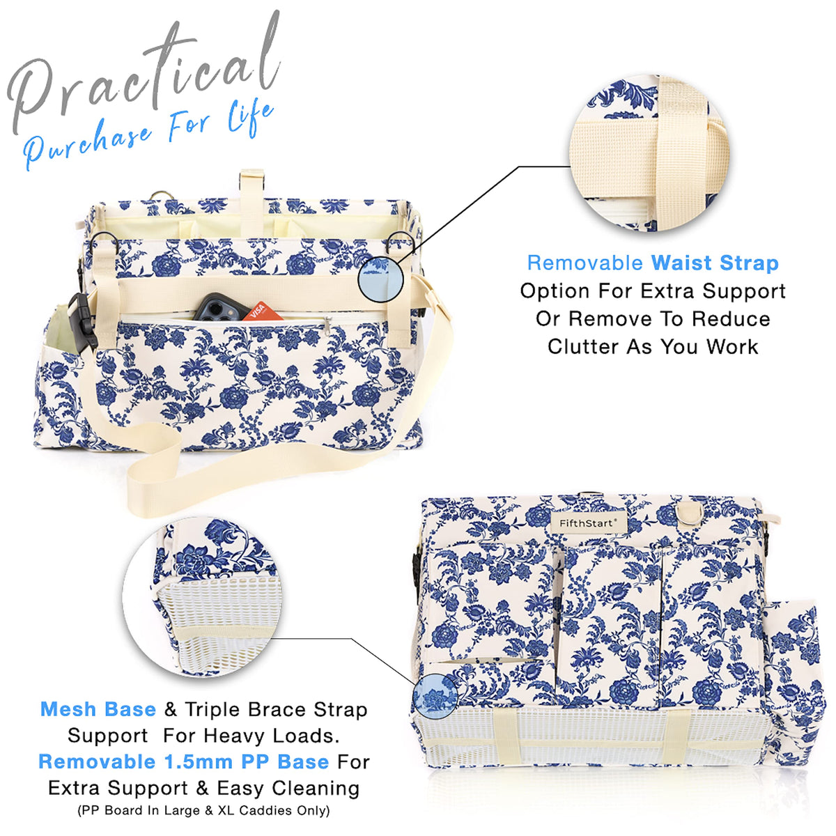 FifthStart Multiuse Large Blue Floral Diaper Caddy with Waist, Shoulder Strap, 9 Pockets, Mesh Base, and Adjustable Compartments