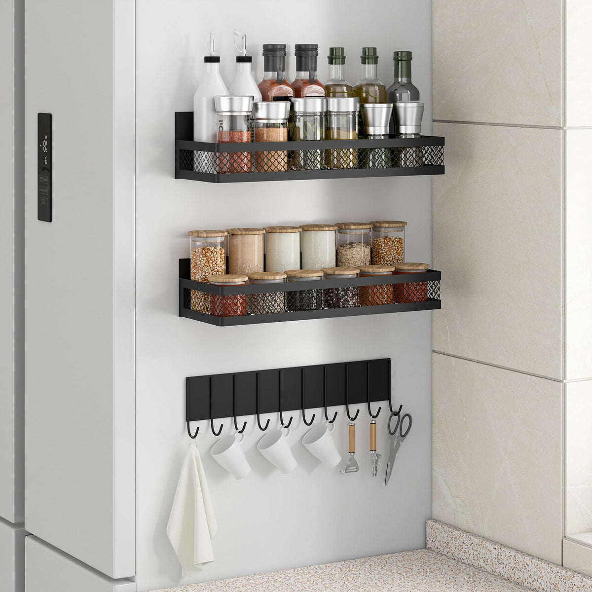 Maluoliao 3 Pack Strong Magnetic Spice Rack for Refrigerator on Oven, Movable Kitchen Organizers and Storage for Spices Shelf, Wall Mounted Spice Rack Metal Fridge Shelf for Kitchen in Black
