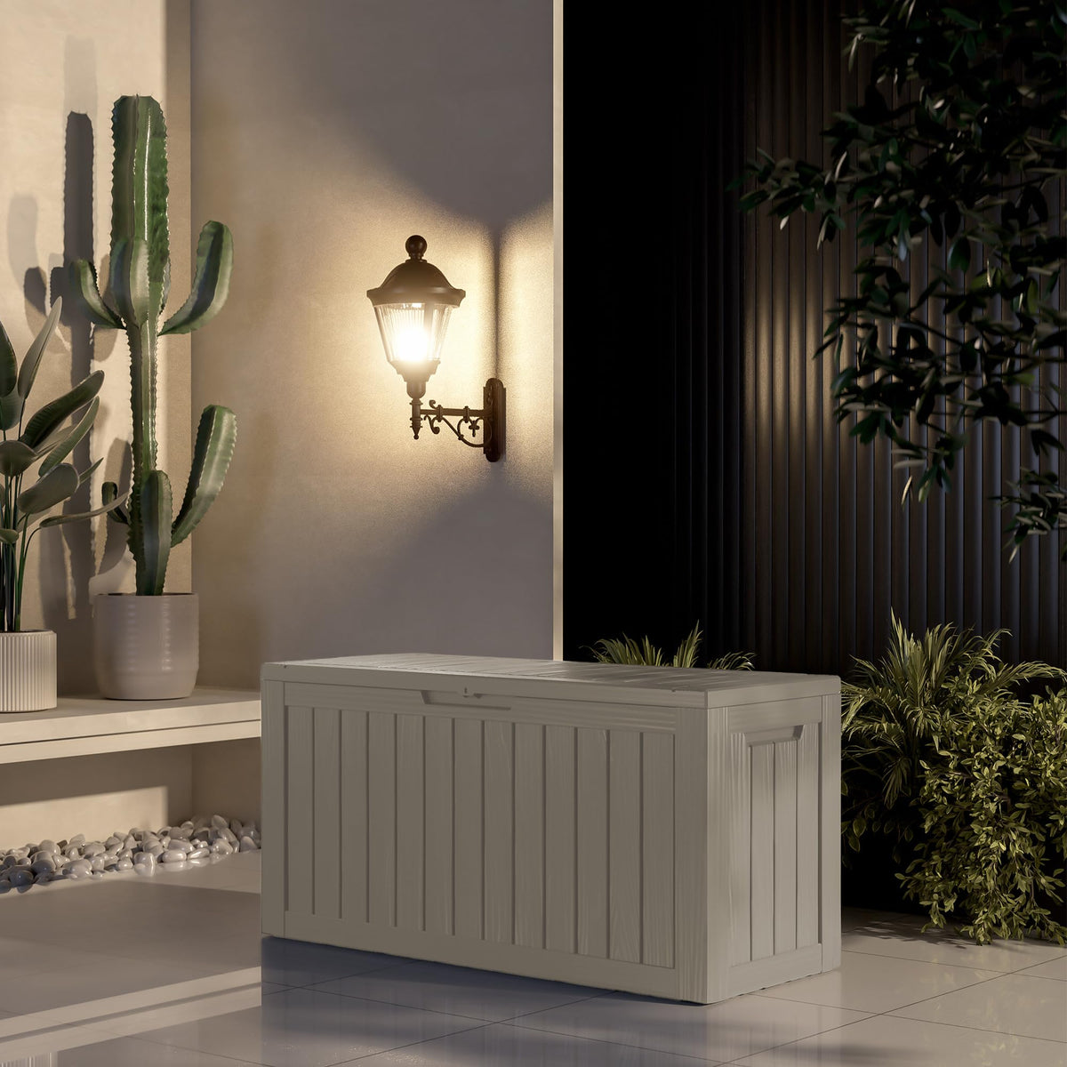 Decksplore 80 Gallon Lockable Resin Deck Box, Waterproof Outdoor Storage Box for Patio Furniture, Garden Tools, Pool Accessories, UV-Resistant Outside Delivery Box, Grey