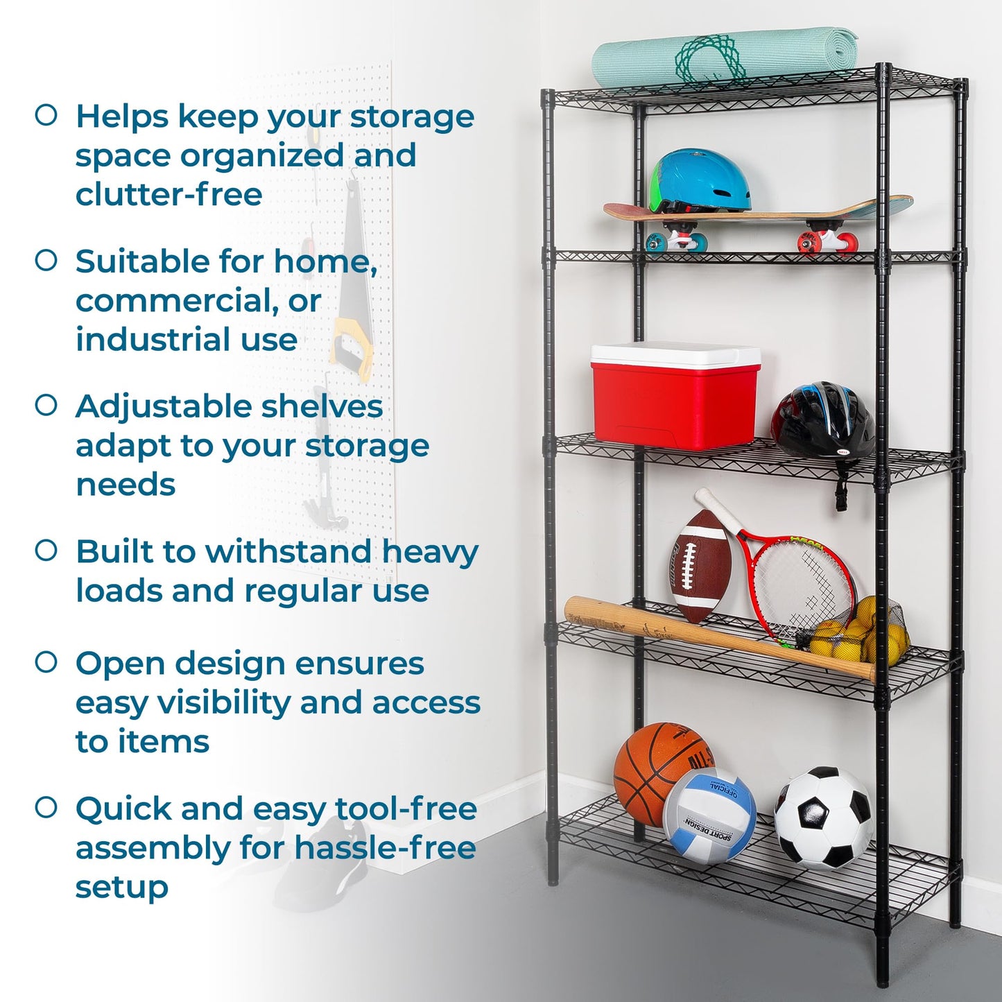 Honey-Can-Do 5-Tier Heavy-Duty Adjustable Shelves, Metal Storage Rack with 200-lb Shelf Capacity, Black, 14" W x 36" L x 72" H