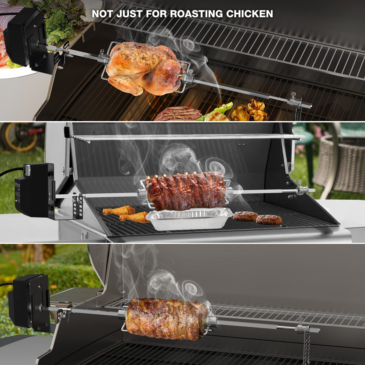 onlyfire Universal BBQ Grill Rotisserie Kit for Most Gas Grills, Include 110V 4W Electric Motor, 4-Prong Meat Forks and 28" Square Spit Rod
