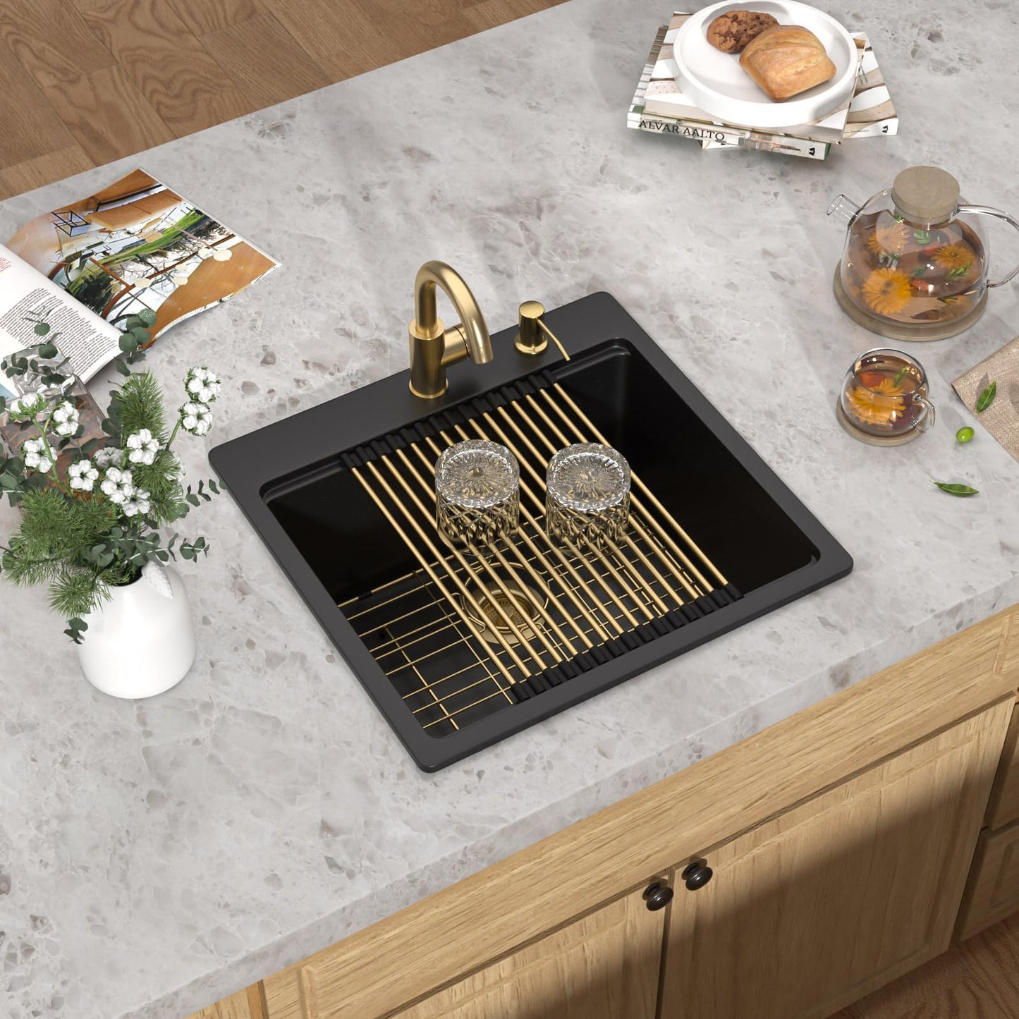 Talllor 21 Inch Drop In Bar Sink - Matte Black Granite Composite Workstation Single Bowl Small Prep Wet Sink with All-In One Gold Accessories & Cutting Board for RV, Kitchen Bar, and Boat#TLGT-130