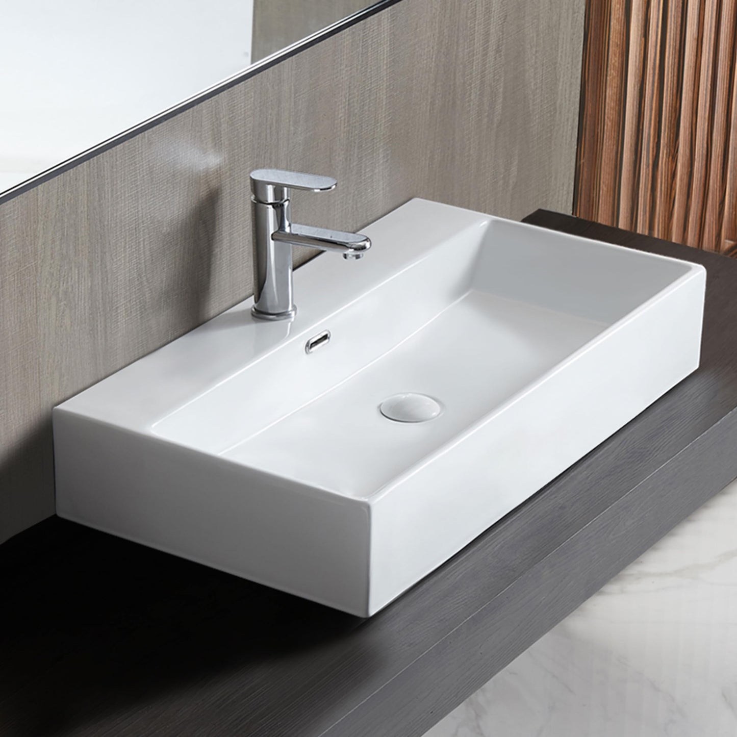 Eridanus Bathroom Sink 30" x 16" Rectangular Vessel Sink, Wall Mount Above Counter Vanity Sink, Premium Ceramic White Art Basin with Overflow, Lavatory Trough Floating Washbasin