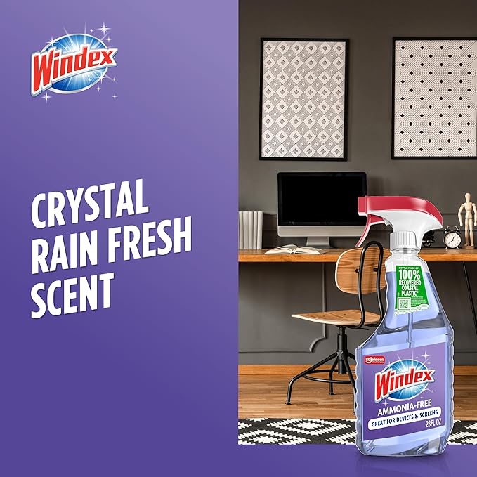 Windex Glass and Window Cleaner Spray Bottle, Ammonia Free, Packaging Designed to Prevent Leakage and Breaking, Surface Cleaning Spray, Crystal Rain Scent, 23 Fl Oz