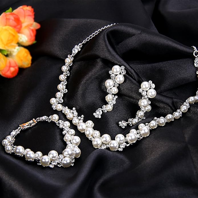 EVER FAITH Simulated Pearl Crystal Bridal Necklace Earrings Bracelet Set Clear